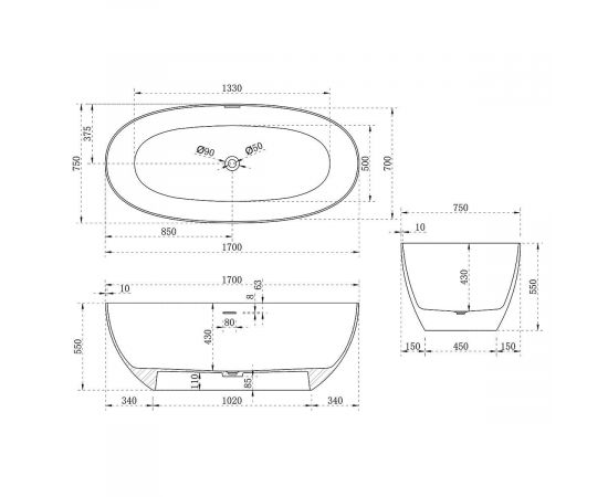 Ванна из искусственного камня Vincea VBT-6S01MW 1700х750х550 белый матовый слив-перелив в комплекте_, изображение 4