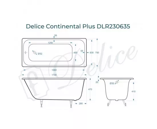 Ванна чугунная Delice Continental PLUS 170х75 с ножками_, изображение 2