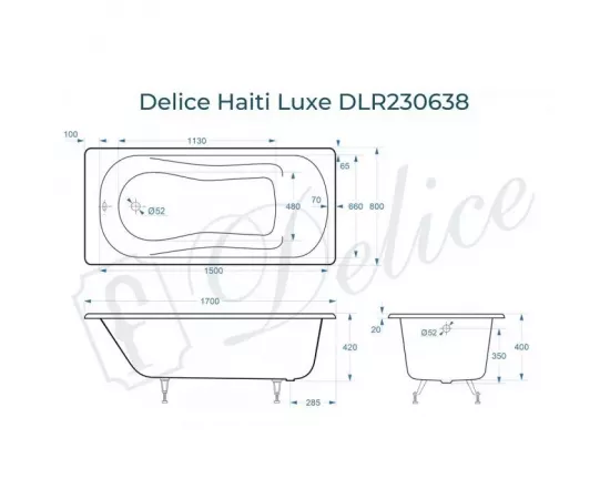 Ванна чугунная Delice Haiti Luxe 170х80 DLR230638 с ножками_, изображение 2