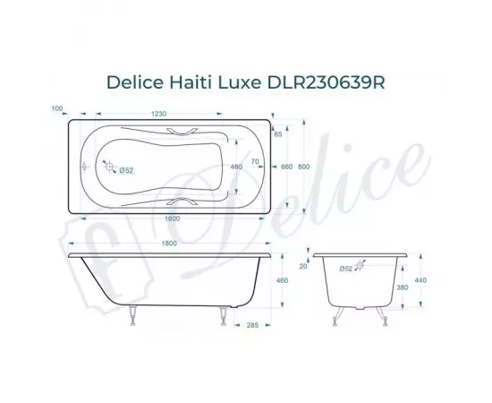 Ванна чугунная Delice Haiti Luxe 180х80 с отверстиями под ручки DLR230639R с ножками_, изображение 2