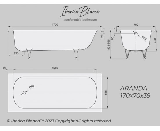 Ванна стальная Iberica Blanca ARANDA эмалированная 170х70х39 cм белая_, изображение 4