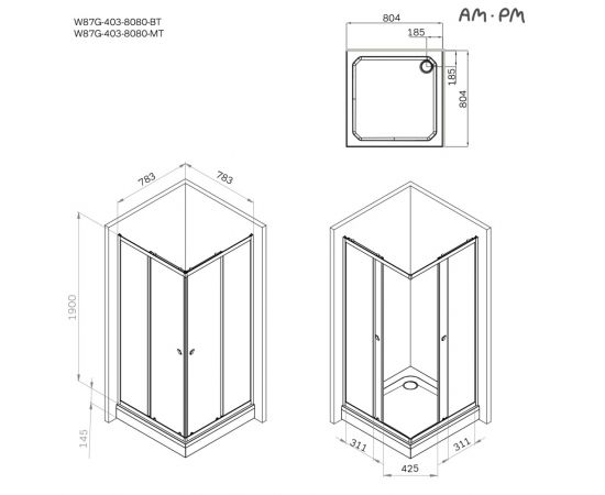 Душевое ограждение  AM.PM Sunny W87G-403-8080-BT 80x80 см без поддона_, изображение 8