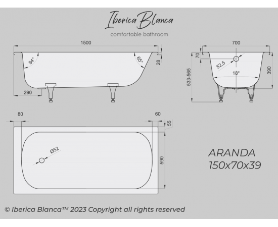 Ванна стальная Iberica Blanca ARANDA эмалированная 150х70х39 см белая_, изображение 4