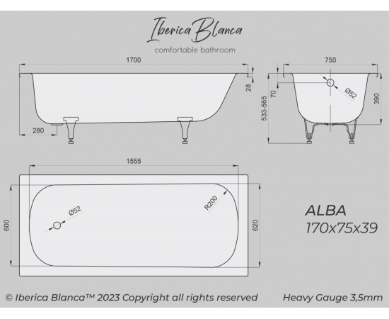 Ванна стальная Iberica Blanca ALBA эмалированная 170х75х39 см 35 мм белая_, изображение 4