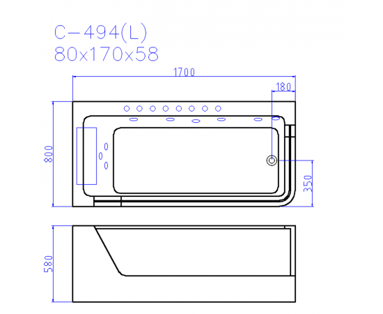 Ванна акриловая гидромассажная Ceruttispa C-494-17L 1700x800x580_, изображение 4