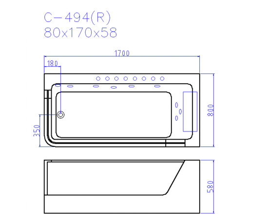 Ванна акриловая гидромассажная Ceruttispa C-494-17R 1700x800x580_, изображение 4