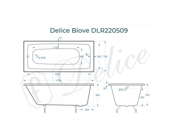 Ванна чугунная Delice Biove 1700х750 без ручек с ножкками_, изображение 2