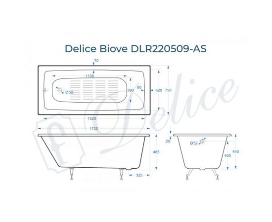 Ванна чугунная Delice Biove 1700х750 без ручек с ножками и антискользящим покрытием_, изображение 2