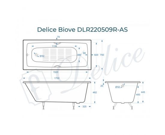 Ванна чугунная Delice Biove 1700х750 с ручками, ножками и антискользящим покрытием_, изображение 2