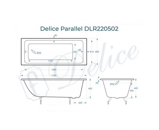 Ванна чугунная Delice Parallel 1700х800 без ручек с ножками_, изображение 2