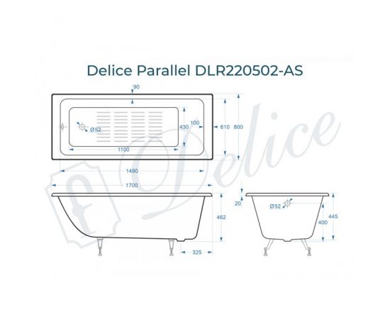 Ванна чугунная Delice Parallel 1700х800 без ручек с ножками и антискользящим покрытием_, изображение 2