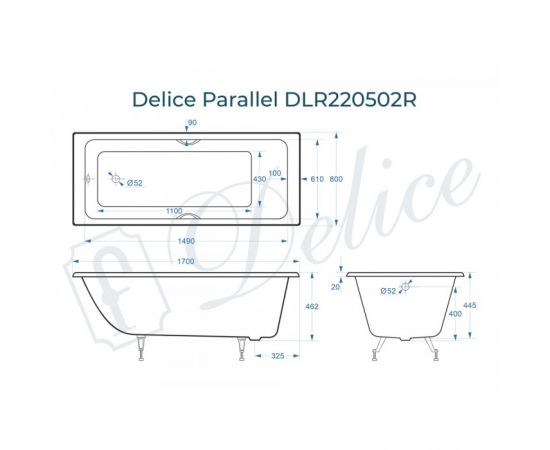 Ванна чугунная Delice Parallel 1700х800 с ручками и ножками_, изображение 2