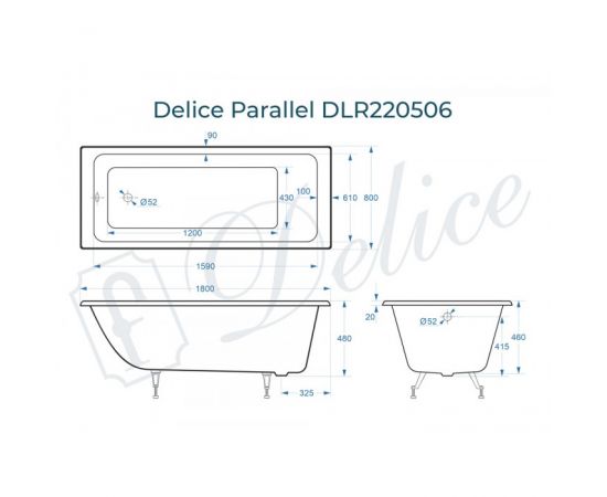 Ванна чугунная Delice Parallel 1800х800 без ручек с ножками_, изображение 2