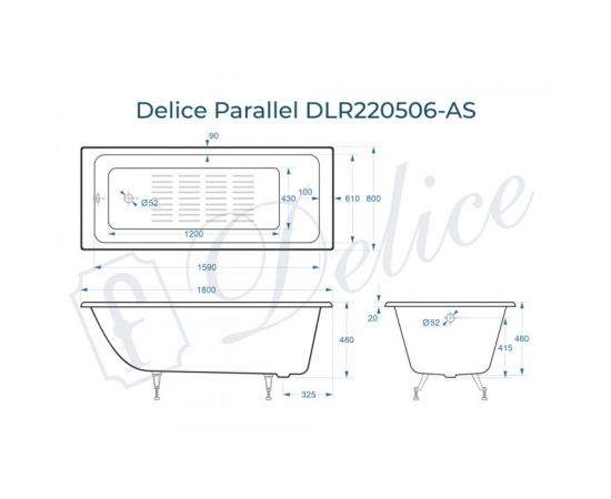 Ванна чугунная Delice Parallel 1800х800 без ручек с ножками и антискользящим покрытием_, изображение 2