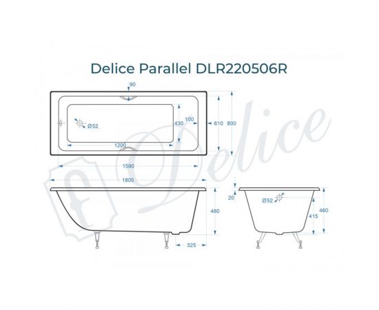 Ванна чугунная Delice Parallel 1800х800 с ручками и ножками_, изображение 2