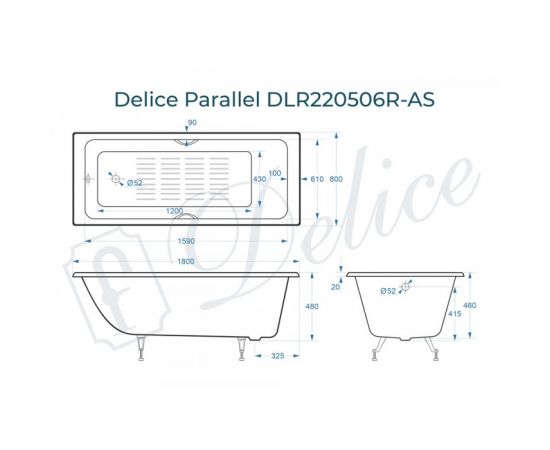 Ванна чугунная Delice Parallel 1800х800 с ручками, ножками и антискользящим покрытием_, изображение 2