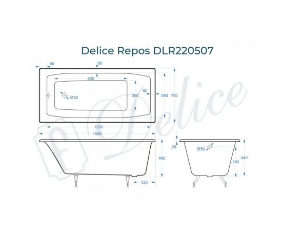 Ванна чугунная Delice Repos 1500х700 без ручек с ножками_, изображение 2