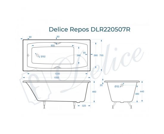 Ванна чугунная Delice Repos 1500х700 с ручками и ножками_, изображение 2