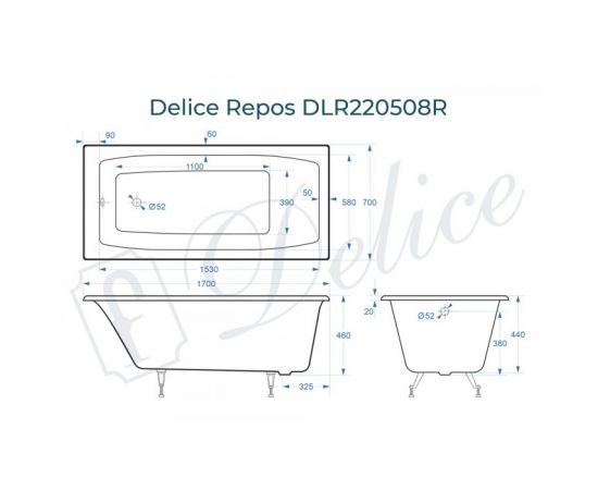 Ванна чугунная Delice Repos 1700х700 без ручек с ножками_, изображение 2