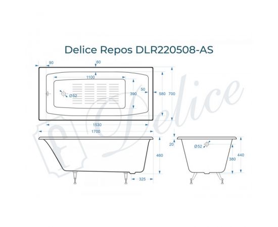 Ванна чугунная Delice Repos 1700х700 без ручек с ножками и антискользящим покрытием_, изображение 2