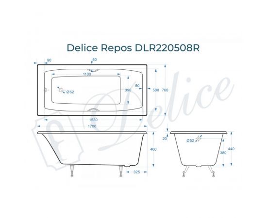 Ванна чугунная Delice Repos 1700х700 с ручками и ножками_, изображение 2
