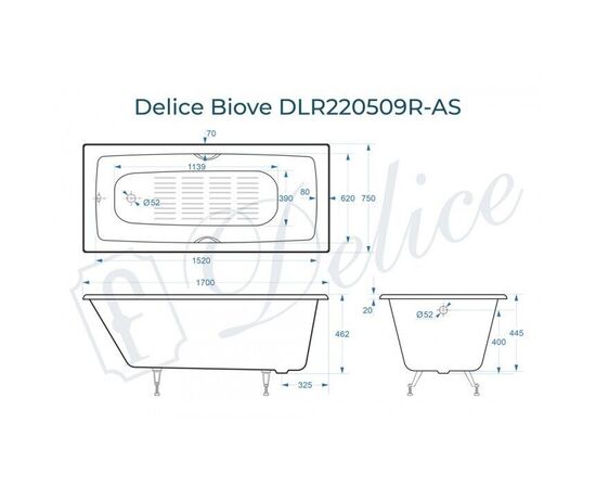 Ванна чугунная Delice Biove 170х75 с черными матовыми ручками и антискользящим покрытием DLR220509RB-AS_, изображение 2