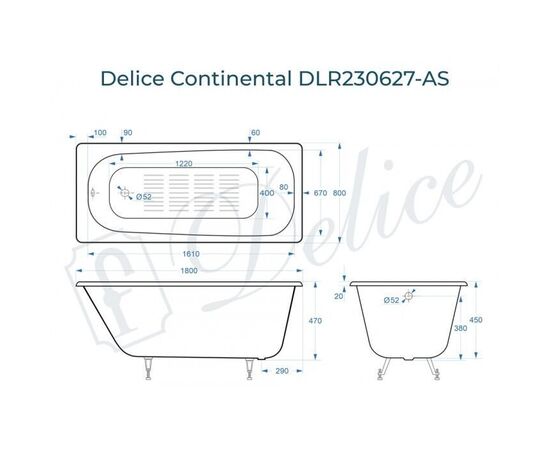 Ванна чугунная Delice Continental 180х80 с антискользящим покрытием DLR230627-AS_, изображение 2