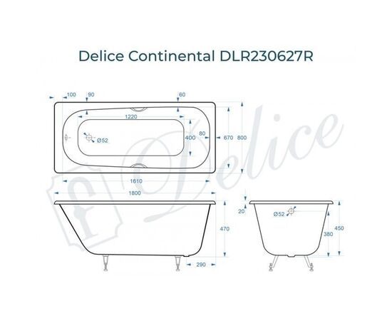 Ванна чугунная Delice Continental 180х80 с отверстиями под ручки DLR230627R_, изображение 2