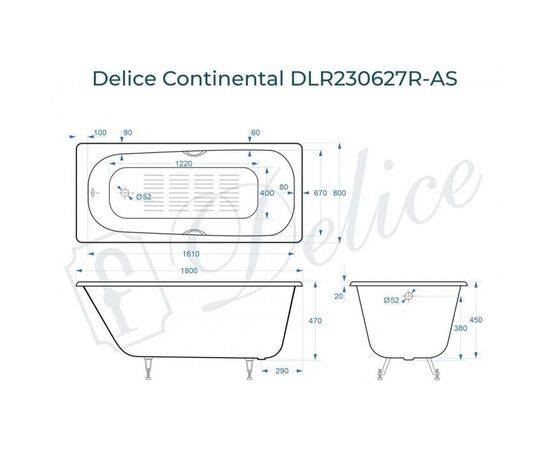 Ванна чугунная Delice Continental 180х80 с отверстиями под ручки и антискользящим покрытием DLR230627R-AS_, изображение 2