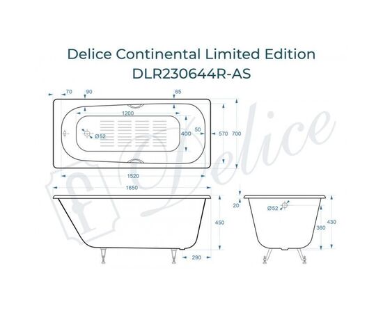 Ванна чугунная Delice Continental Limited Edition 165х70 с отверстиями под ручки и антискользящим покрытием DLR230644R-AS_, изображение 2