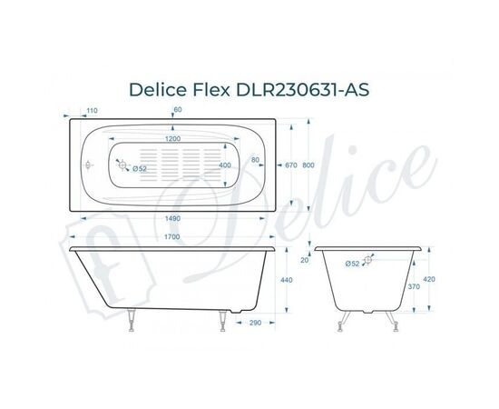 Ванна чугунная Delice Flex 170х80 с антискользящим покрытием DLR230631-AS_, изображение 2