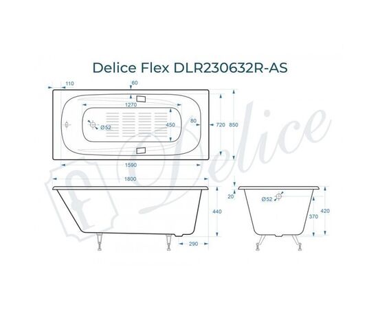 Ванна чугунная Delice Flex 180х85 с отверстиями под ручки и антискользящим покрытием DLR230632R-AS_, изображение 2