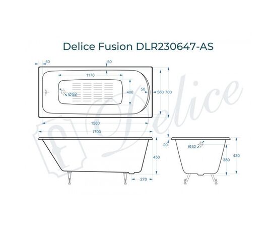 Ванна чугунная Delice Fusion 170х70 с антискользящим покрытием DLR230647-AS_, изображение 2