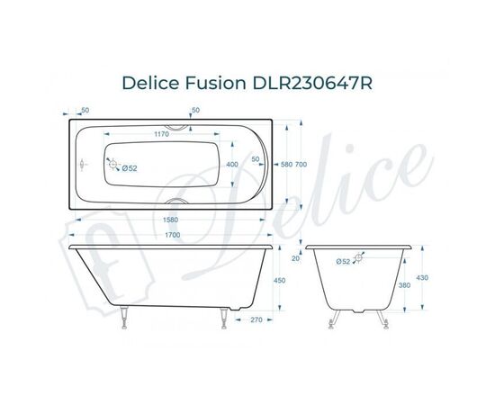 Ванна чугунная Delice Fusion 170х70 с отверстиями под ручки DLR230647R_, изображение 2