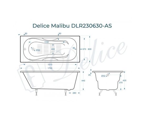 Ванна чугунная Delice Malibu 170х80 с антискользящим покрытием DLR230630-AS_, изображение 2