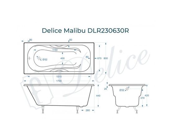 Ванна чугунная Delice Malibu 170х80 с отверстиями под ручки DLR230630R_, изображение 2