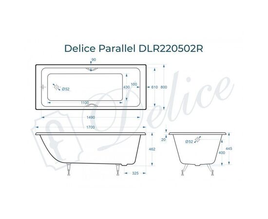 Ванна чугунная Delice Parallel 170х80 с черными матовыми ручками DLR220502RB_, изображение 2