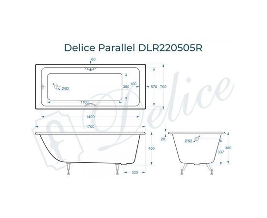 Ванна чугунная Delice Parallel 170х70 с черными матовыми ручками DLR220505RB_, изображение 2