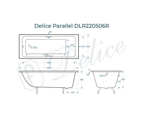 Ванна чугунная Delice Parallel 180х80 с черными матовыми ручками DLR220506RB_, изображение 2