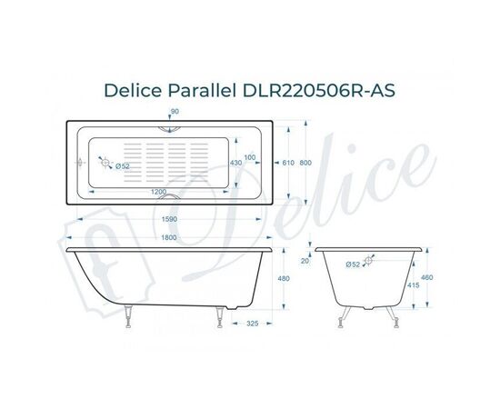 Ванна чугунная Delice Parallel 180х80 с черными матовыми ручками и антискользящим покрытием DLR220506RB-AS_, изображение 2