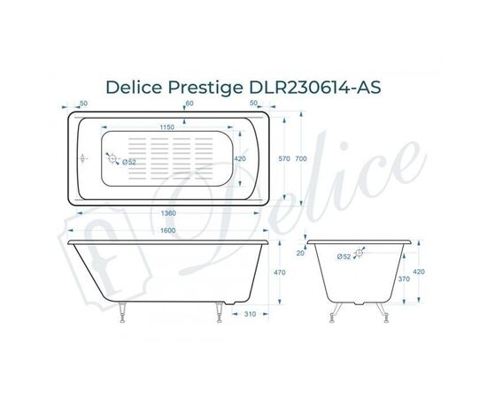 Ванна чугунная Delice Prestige 160х70 с антискользящим покрытием DLR230614-AS_, изображение 2