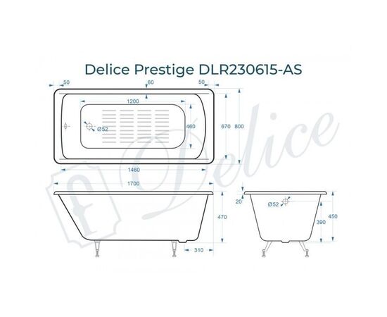 Ванна чугунная Delice Prestige 170х80 с антискользящим покрытием DLR230615-AS_, изображение 2