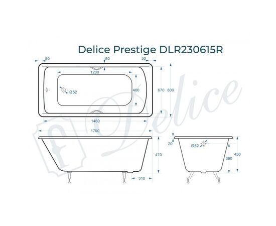 Ванна чугунная Delice Prestige 170х80 с отверстиями под ручки DLR230615R_, изображение 2