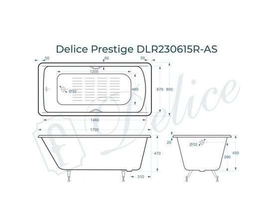 Ванна чугунная Delice Prestige 170х80 с отверстиями под ручки и антискользящим покрытием DLR230615R-AS_, изображение 2