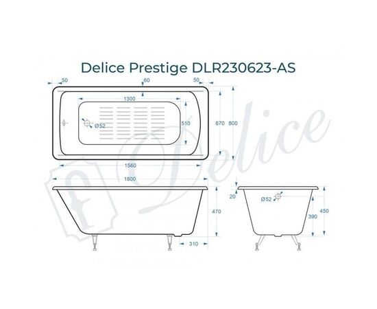 Ванна чугунная Delice Prestige 180х80 с антискользящим покрытием DLR230623-AS_, изображение 2
