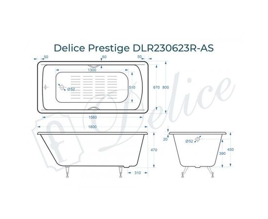 Ванна чугунная Delice Prestige 180х80 с отверстиями под ручки и антискользящим покрытием DLR230623R-AS_, изображение 2