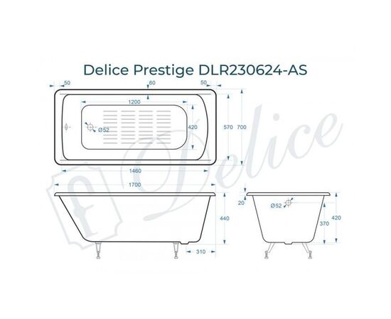 Ванна чугунная Delice Prestige 170х70 с антискользящим покрытием DLR230624-AS_, изображение 2