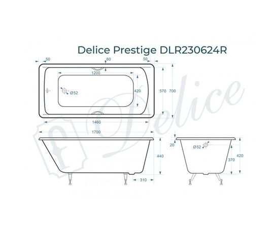 Ванна чугунная Delice Prestige 170х70 с отверстиями под ручки DLR230624R_, изображение 2