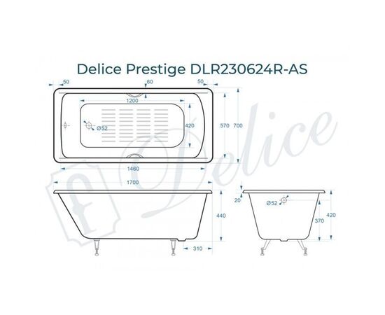 Ванна чугунная Delice Prestige 170х70 с отверстиями под ручки и антискользящим покрытием DLR230624R-AS_, изображение 2