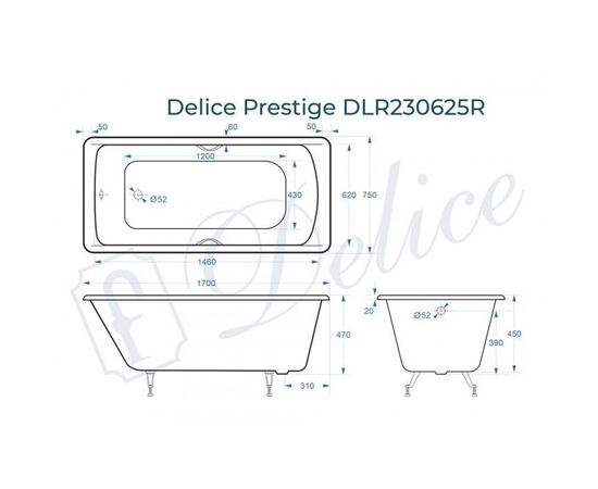 Ванна чугунная Delice Prestige 170х75 с отверстиями под ручки DLR230625R_, изображение 2